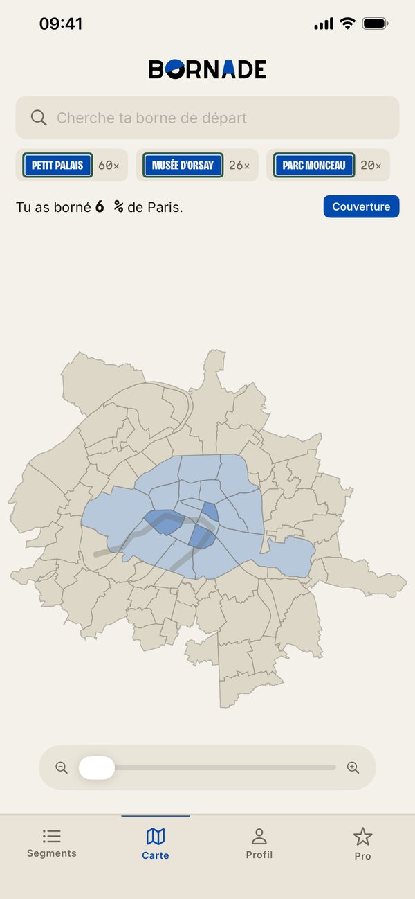 Écran de Bornade : carte de Paris par arrondissement, avec la couverture des segments déjà bornés